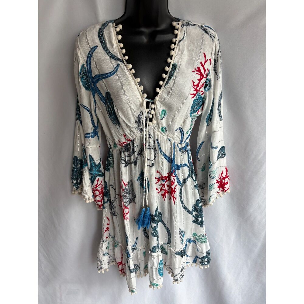 Long Sleeve Boho Colorful Mini Dress Pom Poms Size L Flowy Bohemian Metallic